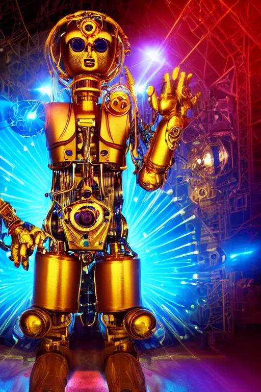 Image similar to portrait photo of a giant huge golden and blue metal humanoid steampunk robot female singer with a human face and gears and tubes, in the foreground is a big red glowing microphone, eyes are glowing red lightbulbs, shiny crisp finish, 3 d render, 8 k, insaneley detailed, fluorescent colors, background is multicolored lasershow