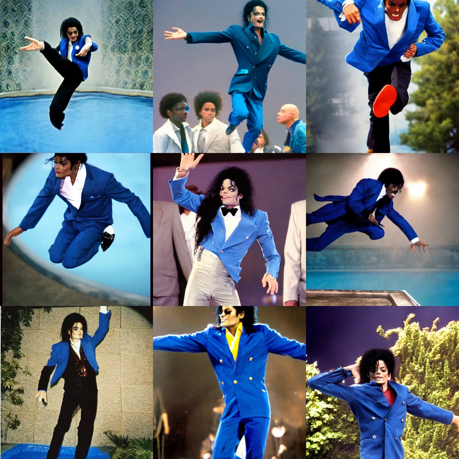 Prompt: Michael Jackson in a blue suit jumping into a pool of big fish