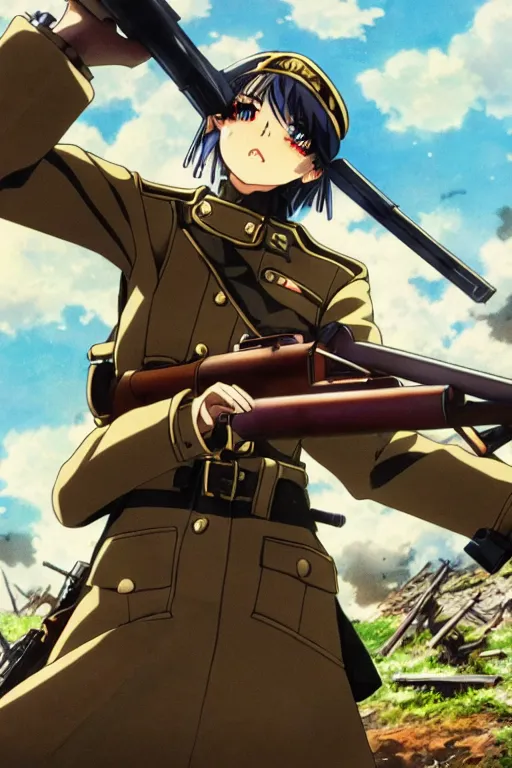 Image similar to anime key visual of tanya degurechaff aiming down a bolt action rifle, official digital media illustrated by artist so - bin, 1 9 1 8 colorized footage of the great war, trenches bombs, trending on artstation