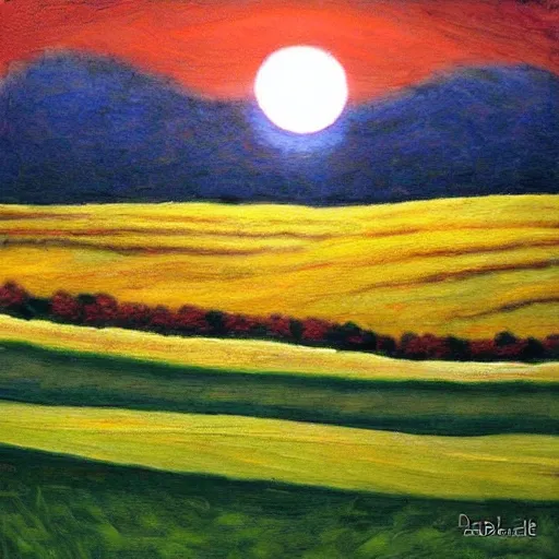 Prompt: a landscape of fields and the sun going down art by Criswell Debbie