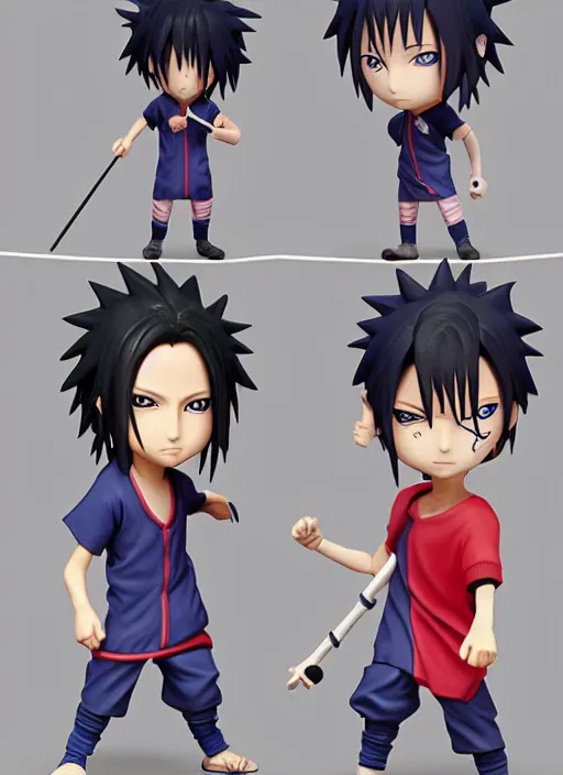 Image similar to chibi uchiha sasuke anime figurine, soccer, art by gerald brom, greg rutkowski and artgerm and james jean and zdzisław beksinski, unreal engine, studio lighting