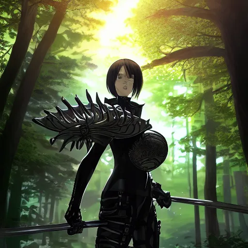 Image similar to realistic render of the character maple tree from bofuri wearing black armor and a large intricately detailed shield by ross draws, forest background by ilya kuvshinov, digital anime art by ross tran, composition by sana takeda, lighting by greg rutkowski