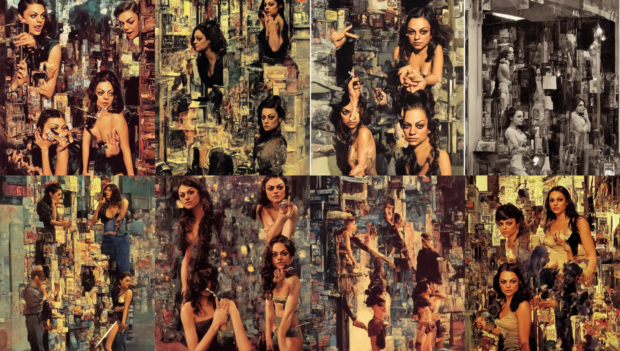 Prompt: standing portrait of ecstatic mila kunis looking into the camera standing smoking a cigarette, warm street lights store front, 1 9 6 0 s technicolor, intricate, moody, personal, highly detailed, short focus depth, donato giancola, joseph christian leyendecker, frank frazetta, alex horley, ralph horsley, michael whelan, 2 0 0 mm focal length