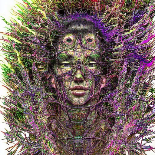 Image similar to shintaro kago yoji shinkawa and victo ngai godmachine psychedelic deepdream gravely heavenly cellular human body apophasis glorious energy of the sun cybernetic organism of pure energy and light synthetic emotional symposium of death psychedelic psychological conundrums intricate detailed hyperrealism photo - realistic demon hyperdetailed intricate hyperrealism beautiful forest