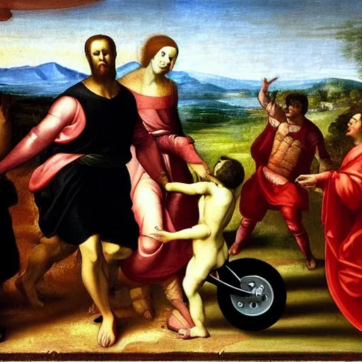 Image similar to renaissance painting of a frankenstein on a segway chasing crows