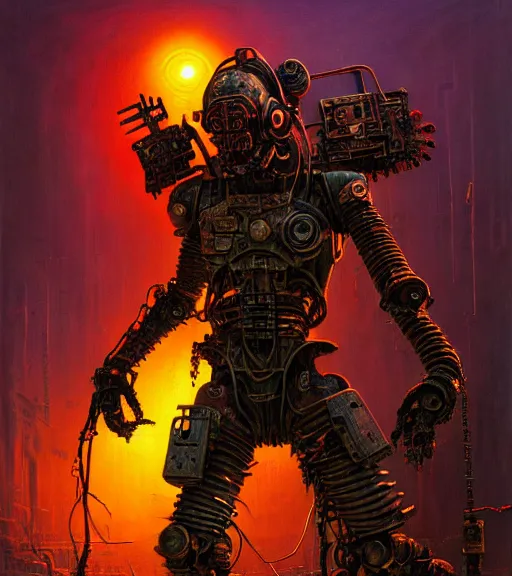 Prompt: junky warrior at battlefield, cybertronic gadgets and vr helmet, flesh with technology, durty colours, night, rotten textures, rusty shapes, biotechnology, dariusz zawadzki, tim hildebrandt, wayne barlow, bruce pennington, larry elmore, oil on canvas, deep depth field, masterpiece, cinematic composition, hyper - detailed, hd, hdr