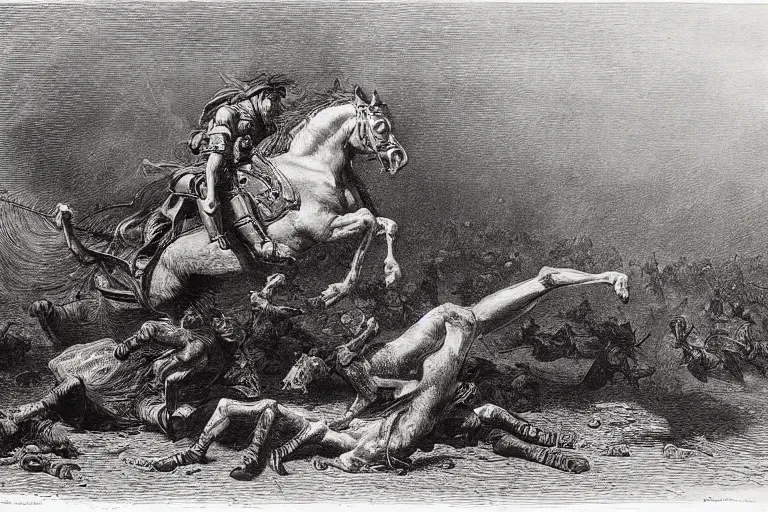 Image similar to A huge rider on a horse knocks out an infantryman in the middle of an epic battle , Gustave Dore lithography