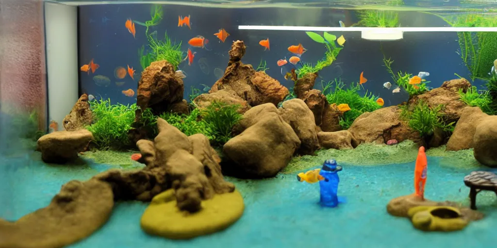 Image similar to fish tank in hospital waiting room. newt. plasticine model in water. figures clay. tilt shift. clay figure. surreal. tropical fish tank with sand. strange. weird. astrix and obelisk. bubbles form pump. tintin. hands. tank. wallace and gromit. siamese fighting fish. aquatic photography. photorealistic. waiting room