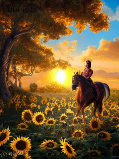 Prompt: a happy querub, riding a horse in a sunflower field, a giant sun in the background. intricate, elegant, highly detailed, digital painting, artstation, concept art, sharp focus, illustration, by justin gerard and artgerm, 8 k