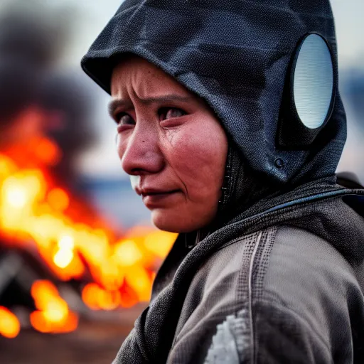 Image similar to photographic portrait of a poor techwear woman holding back tears, a futuristic shanty town burns in the background, closeup, sigma 85mm f/1.4, 4k, depth of field, high resolution, 4k, 8k, hd, full color