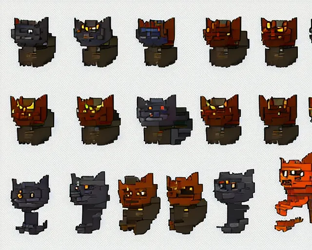 Image similar to king cat character reference sheet, pixels, trending on artstation, indie games, voxels