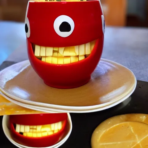 Image similar to a soup monster made out of cheese smiling back at you
