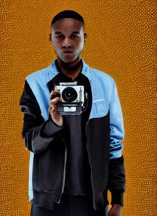 Prompt: a black man with short curly haircut, portrait, wearing black letter jacket, holding a futuristic looking big cinema camera, light blue led's, sharp focus, octane render, hyperrealistic, cinematic lighting, highly detailed, 8 k,