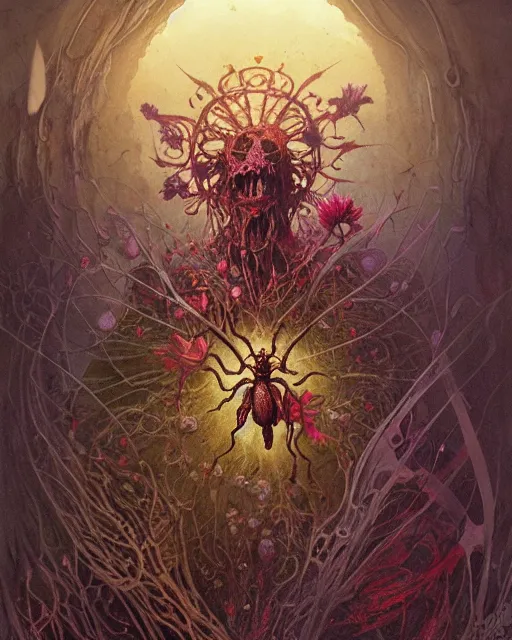 Image similar to the platonic ideal of flowers, rotting, insects and praying of cletus kasady carnage davinci dementor chtulu mandala ponyo dinotopia the witcher, fantasy, ego death, decay, dmt, psilocybin, concept art by randy vargas and greg rutkowski and ruan jia and zdzisław beksinski