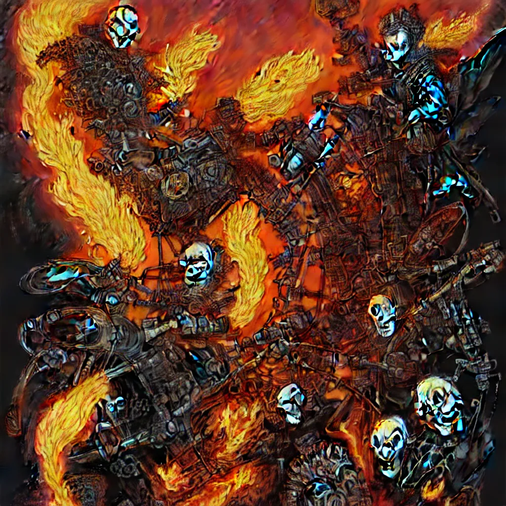 Prompt: Ghost Rider and Vic Rattlehead and the grim reaper by Travis Charest, Simon Bisley, Glenn Fabry, Alphons Mucha and Michael Kaluta, hyperdetailed, painterly digital art, dark fantasy, 8k octane render, extremely hyperdetailed, intricate, epic composition, grim yet sparkling atmosphere, cinematic lighting, horror, masterpiece, trending on artstation, very detailed, vibrant colors
