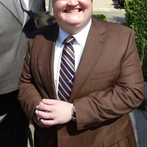 Image similar to Andy Richter is wearing a chocolate brown suit and necktie. Andy is standing outside in the bright sun. His face has an uncomfortable expression.