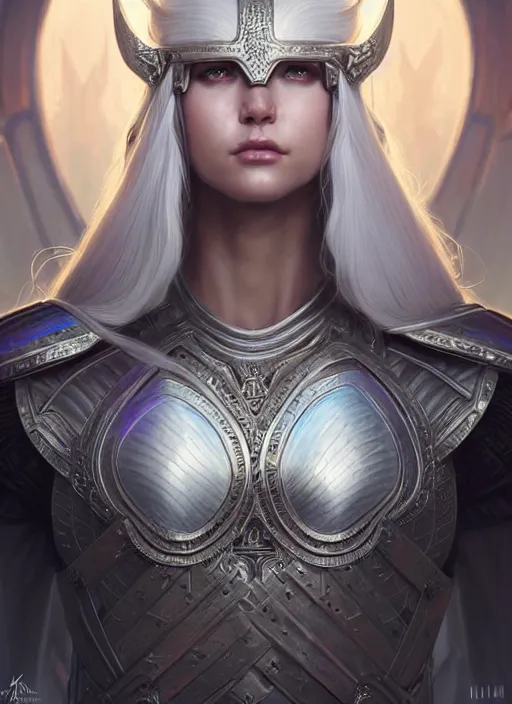 Image similar to light iridescent armor!!! long wild white hair!! covered chest!!! fantasy, d & d, intricate ornate details, digital painting, pretty face!!, symmetry, concept art, sharp focus, illustration, art by artgerm! greg rutkowski magali villeneuve wlop! ilya kuvshinov!!, octane render