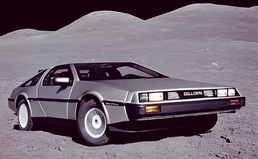 Prompt: a dreamy retro 8 0 s photo of a delorean on the moon, bloomy, colorful, awesome