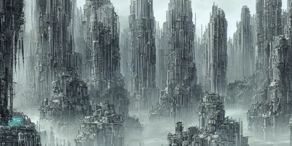 Image similar to city and temples, but with trees and water, arab architectural and brutalism and gigantism, composition idea concept art for movies, style of denis villeneuve and greg fraiser