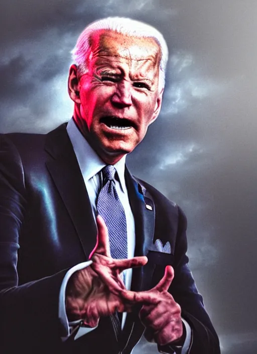 Prompt: hyper realistic photo towering angry wrathful furious glowing red eyes biden