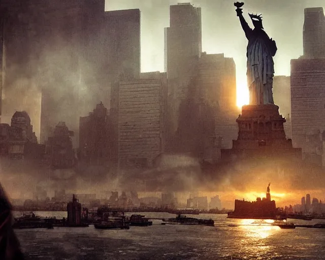 Image similar to Donald Trump shooting the Statue of Liberty in Manhattan, post apocalyptic New York, craig mullins, dramatic lighting, very detailed