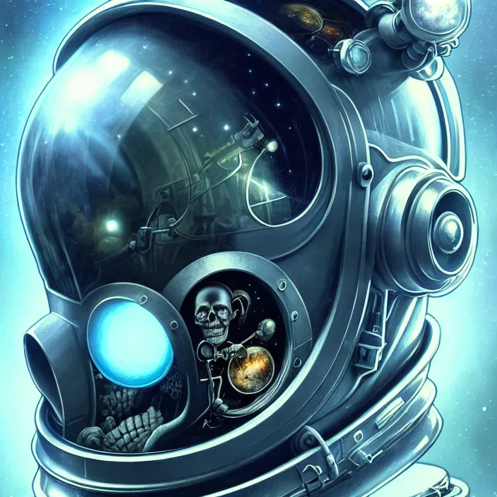 Image similar to ultra realistic retro futuristic astronaut skull helmet, deep space, lens flare, diffuse lighting, fantasy, intricate, elegant, highly detailed, lifelike, photorealistic, digital painting, artstation, illustration, concept art, smooth, sharp focus, art by John Collier and Albert Aublet and Krenz Cushart and Artem Demura and Alphonse Mucha