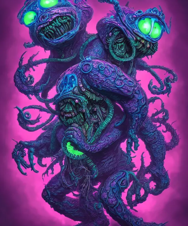 Image similar to a two headed xanathar made of bioluminescence in the art style of monsters inc, crisp 8 k line art, digital painting, artstation, unreal engine, octane render, emissive lighting, concept art, matte, sharp focus, hyper realistic lighting, illustration, deep royal blue and pink color scheme, art by philippe druillet