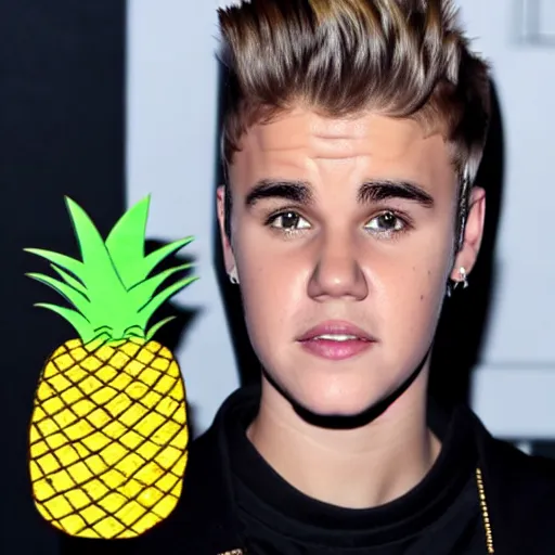 Prompt: justin bieber with a gun next to a pineapple