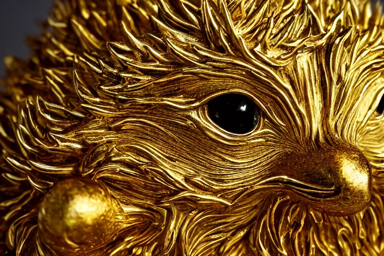 Image similar to photographic close up of a golden hedgehog statue, intricate detail, 4k desktop background