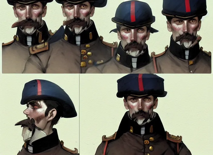 Prompt: 1 8 5 5 british crimean war soldier, character face study, multiple angles, directions and moods. faces only, concept art finely detailed perfect art, painted by greg rutkowski makoto shinkai takashi takeuchi studio ghibli, pinterest, cevagraf comics