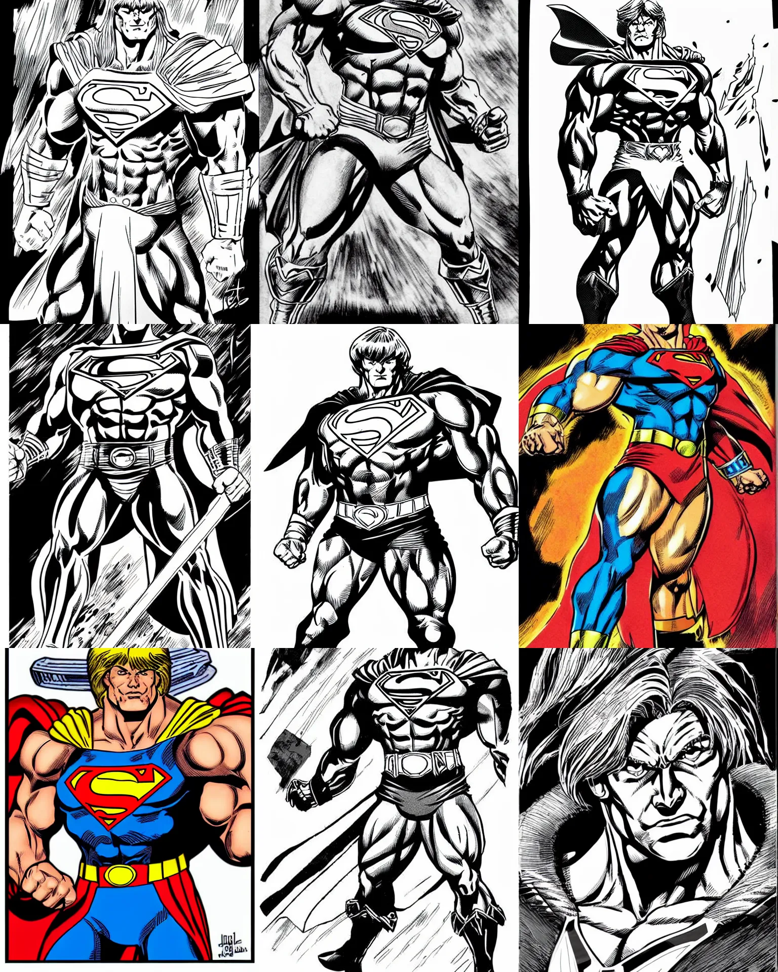 Prompt: he - man!!! jim lee!!! face shot!! flat ink sketch by jim lee face close up headshot superman costume in the style of jim lee, x - men superhero comic book character by jim lee