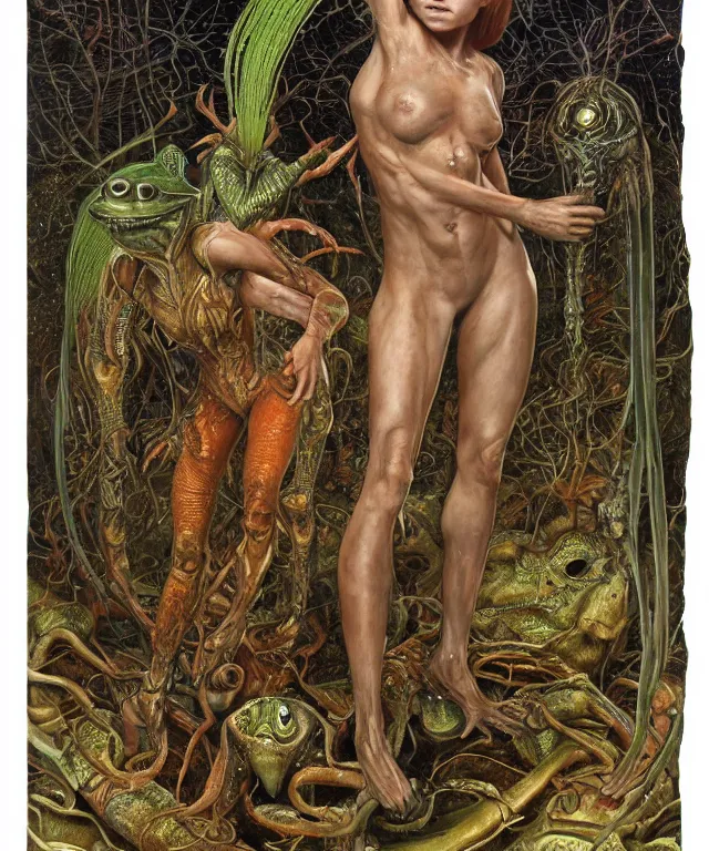 Prompt: a portrait photograph of a muscular sadie sink as a strong alien harpy queen with amphibian skin. she is trying on a dark fiery bulbous infected slimy organic membrane parasite catsuit and transforming into an insectoid amphibian. by donato giancola, walton ford, ernst haeckel, brian froud, hr giger. 8 k, cgsociety