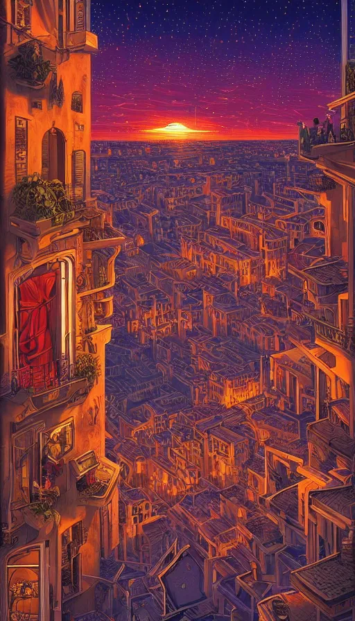 Prompt: The starlit city of wisdom and dreams at sunset, italian futurism, da vinci, Dan Mumford, Josan Gonzalez