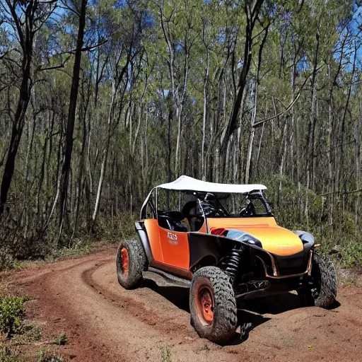 Image similar to an off road buggy drives towards the viewer along a forest dirt track. the vegetation is sparse scrub. the driver is male and smiling. the buggy has an open frame build with mounted search lights. the sky is cloudy and dust is being thrown up by the buggy's wheels