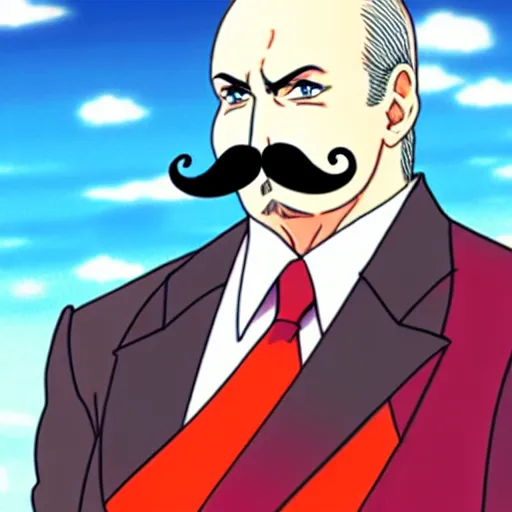 Prompt: a woman in a tight dress with a head like Alexander Lukashenko, with a mustache, Miyazaki anime style