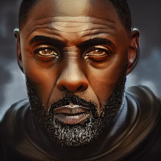 Image similar to idris elba portrait, dystopia core, apocalyptic, armor, warrior, dramatic, sharp focus, fiction, neon, fantasy, hyper detailed, digital art, trending in artstation, cinematic lighting, studio quality, smooth render, unreal engine 5 rendered, octane rendered, art style and nixeu and wlop and krenz cushart