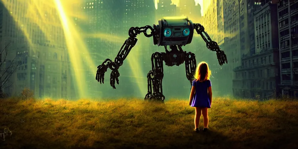 Prompt: sci - fi scene future new york city, little girl by herself in abandoned manhattan holding onto the outstretched hand of a giant robot, forest punk, little girl meets robot, crepuscular rays, epic scene, hyper realistic, photo realistic, overgrowth, cinematic atmosphere, ethereal lighting,