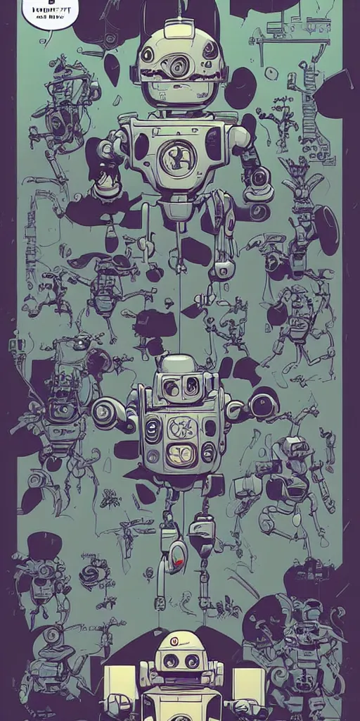 Prompt: A cute robot character portrait by mike mignola and josan gonzalez