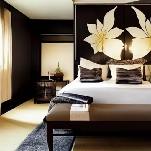 Prompt: stylish luxury hotel bedroom design, feminine, black walls, Japanese influences