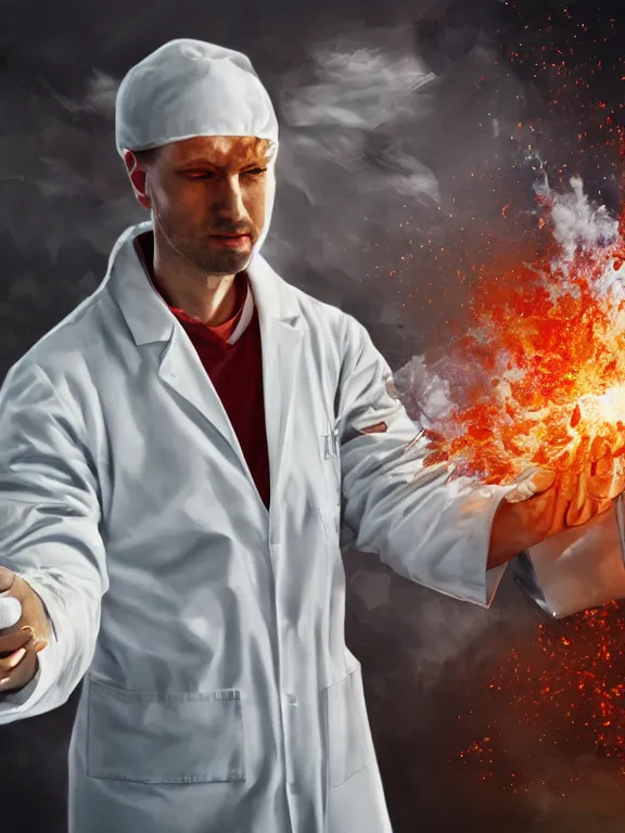 Image similar to scientist in a white coat, chemicals explosion on a white table in front of the scientist, digital art, digital painting, masterpiece, anatomically correct, five fingers, cinematic, high coherence, realistic, high quality, highly detailed, 8 k, dramatic lighting, path traced, centered, high definition