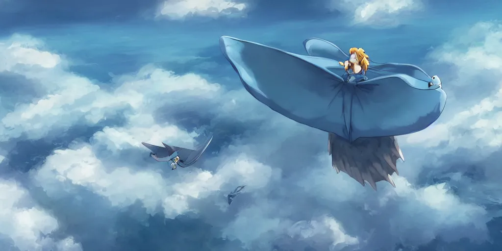 Image similar to A girl flying with a bird-shaped white glider over the clowds, Nausicaa of the Valley of the Wind, Miyazaki Hayao, ghibli style, highly detailed, digital painting, concept art, sharp focus, illustration, anime, trending on artstaion