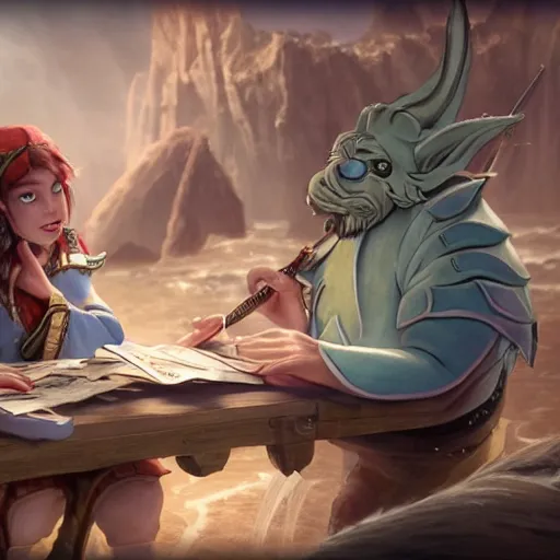 Image similar to a sea elf trying to get an incredibly sweaty commander to sign a piece of parchment fantasy 4k