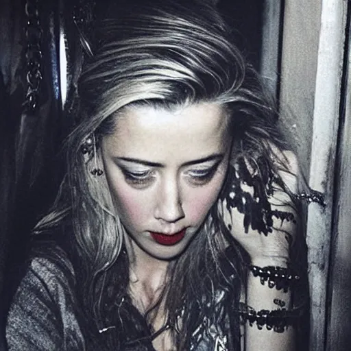 Image similar to “amber heard in shackles, crying, sad, prison clothes, distress, paparazzi photograph”