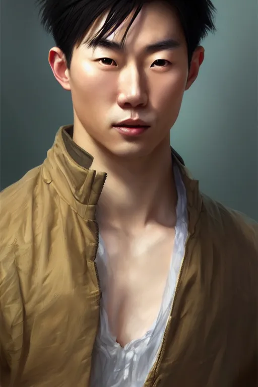 Image similar to clear portrait of a chinese attractive men, cottagecore!!, background hyper detailed, character concept, full body, dynamic pose, glowing lights!! intricate, elegant, highly detailed, digital painting, artstation, concept art, smooth, sharp focus, illustration, art by artgerm and greg rutkowski and alphonse mucha