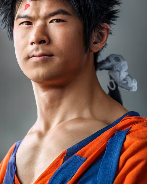 Image similar to portrait photo still of real life goku from dbz, 8 k, close up portrait, professional photograph, dslr photography
