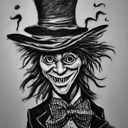 Image similar to horrifying charcoal drawing of the mad-hatter-willie-wonka-babadook