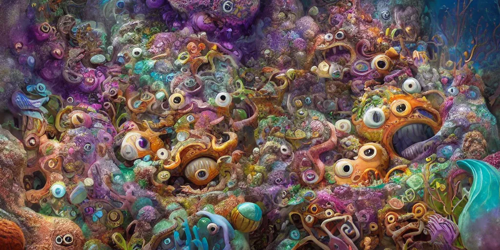 Image similar to of an intricate sea reef with strange cute friendly happy creatures with huge eyes, mouth, long tongue, round teeth and goofy face, appearing from the background, in the style of gehry and gaudi, macro lens, shallow depth of field, ultra detailed, digital painting, trending artstation, concept art, illustration, cinematic lighting, photorealism, epic, octane render