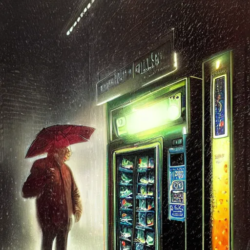 Image similar to a man in a rainy alleyway placing a coin in a vending machine which opens an alien portal, vivid caustics into another universe, realistic photography, beautiful interior, hyperrealism, incredible, award - winning photography, by greg rutkowski, lovecraftian