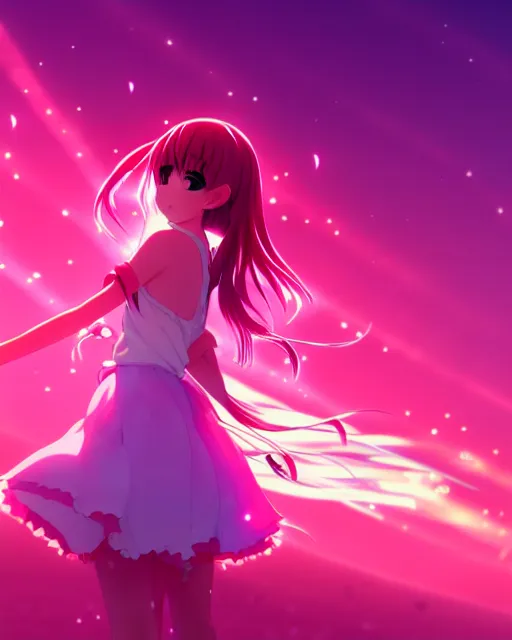 Prompt: anime style, vivid, expressive, full body, 4 k, a cute girl with white skin and long pink wavy hair humming a song, stunning, realistic light and shadow effects, centered, simple background, studio ghibly makoto shinkai yuji yamaguchi