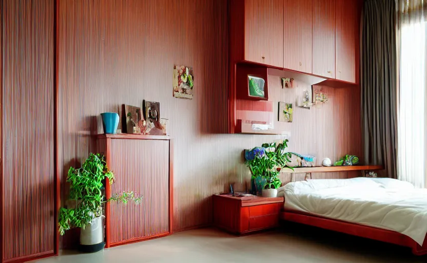 Prompt: a retro futuristic bedroom, chinese style, bright, feng shui, earth colors, wood, plants, cupboards, bed, curtains, minimalistic, art nouveau